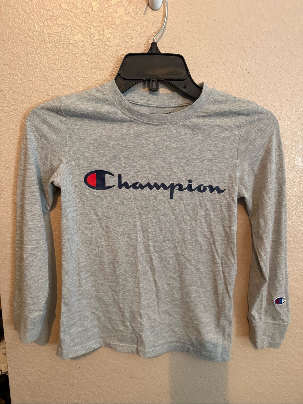 Champion Kids Long Sleeve Logo Tee - Light Gray with Navy & Red Accent